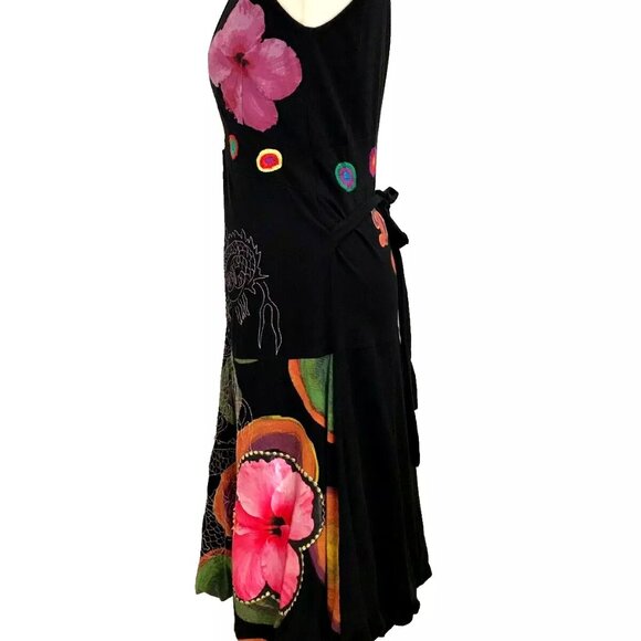 SOLD! DESIGUAL Swing Dress V-neck Floral Rio Flowers Dragons Print Embroidery M - Picture 9 of 13